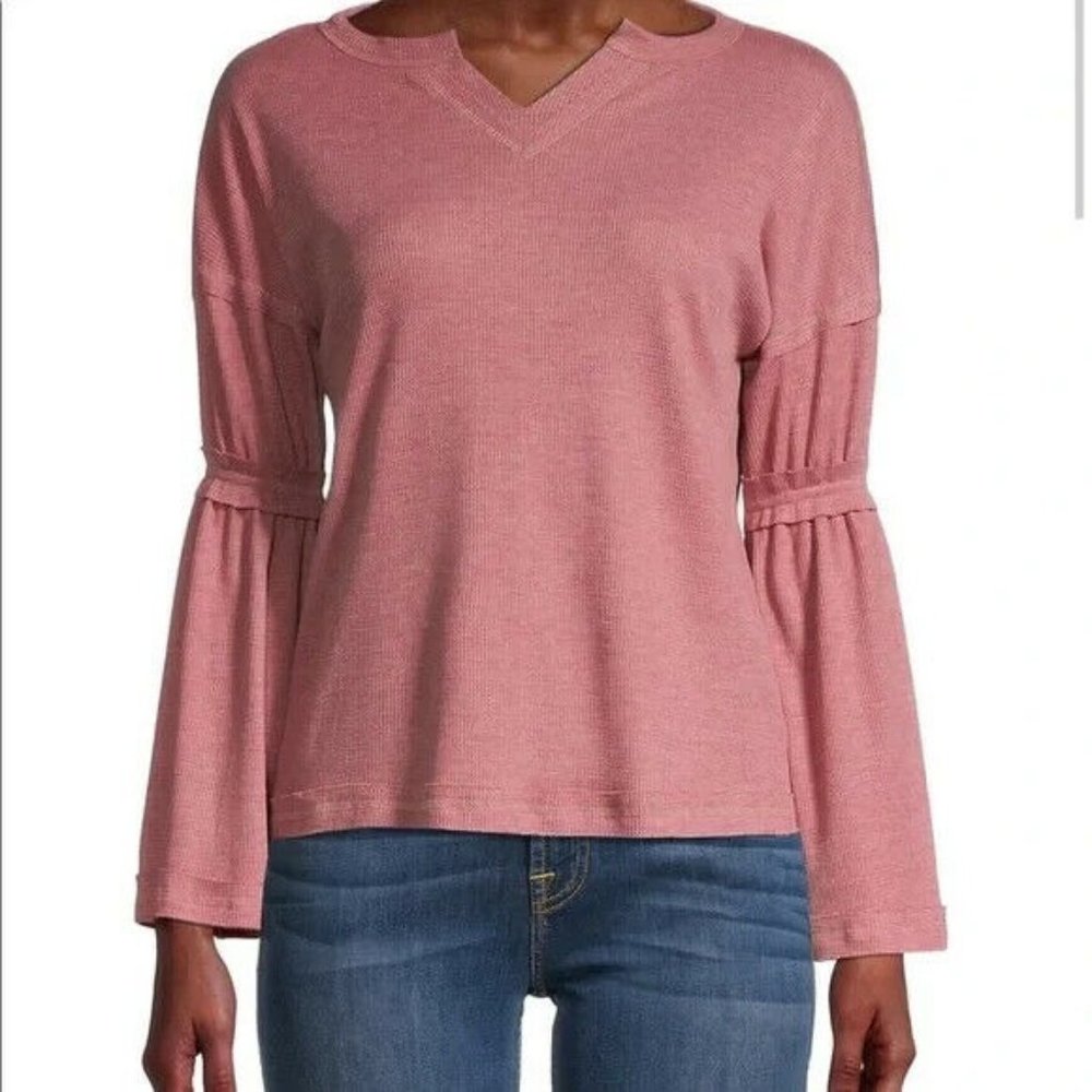 New Baea Women's Size S Pink Split V-Neck Tiered Flare Sleeve Waffle Thermal Top